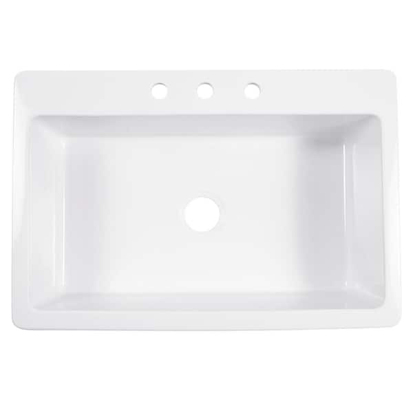 Jackson 33 in. 3-Hole Drop-In Single Bowl Crisp White Fireclay Kitchen Sink and Drain