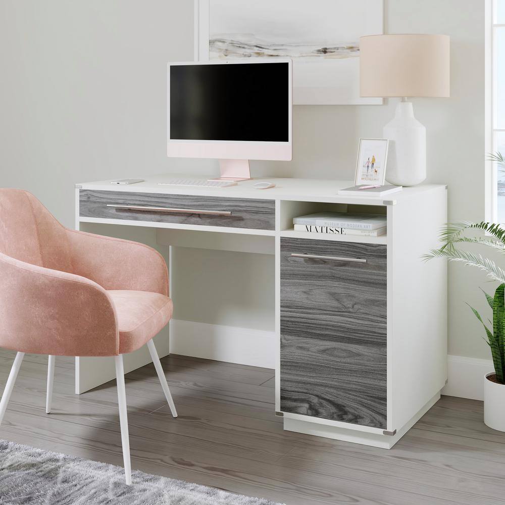 White Engineered Wood Desk with Keyboard Tray and Storage