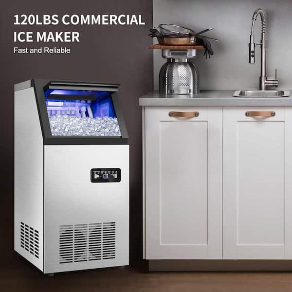 14.17 in. 120 lb. Commercial Freestanding Full Size Cubes Ice Maker in Stainless Steel with 35 lb. Storage Bin