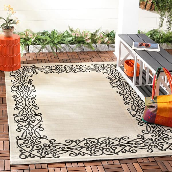 Courtyard Sand/Black 9 ft. x 12 ft. Border Indoor/Outdoor Patio  Area Rug