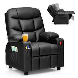 Black Faux Leather Upholstery Kids Recliner w/Cup Holders & Side Pockets