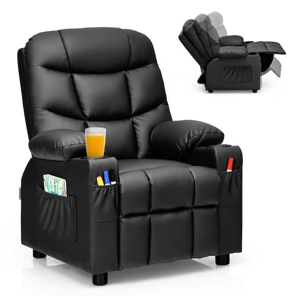 Costway Black Faux Leather Upholstery Kids Recliner w/Cup Holders & Side Pockets
