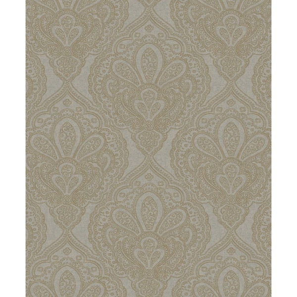 Unbranded Emporium Collection Light Grey and Gold Mehndi Damask Embossed Metallic Finish Paper Non-Pasted Non-Woven Wallpaper Roll