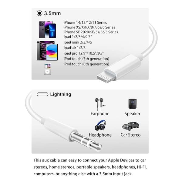 OBJLGEV MFi Certified Aux Cord iPhone Lightning to 3. 5mm Headphone Jack Adapter Stereo Audio Cable in White 3. 3ft