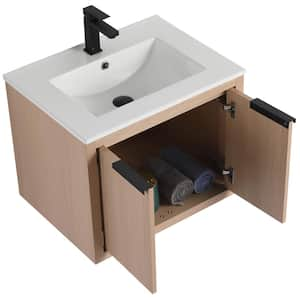 Kingsford 24 in. Single Wall Mounted White Oak Bath Vanity with Doors with White Ceramic Sink