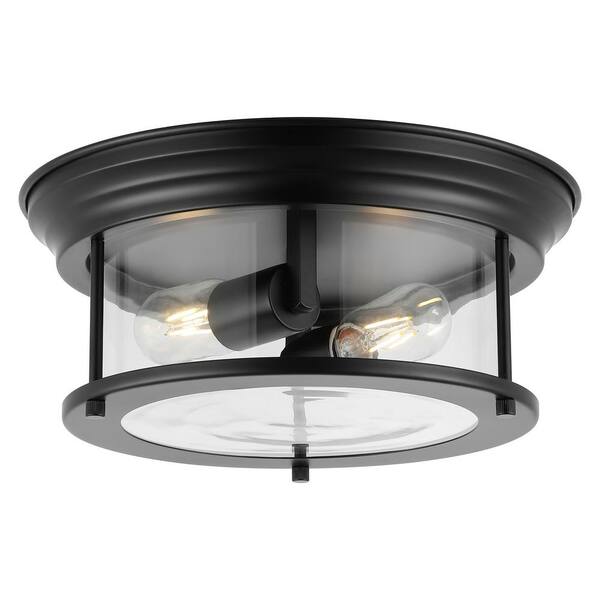 JONATHAN Y Lauren 13.25 in. 2-Light Metal/Glass LED Flush Mount, Black ...