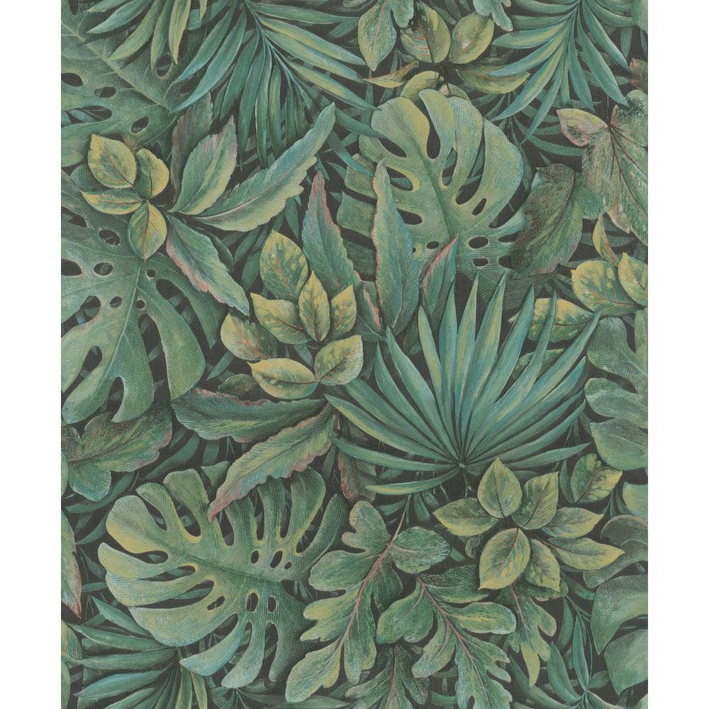 Jungle Leaves Green Matte Finish Vinyl on Non-Woven Non-Pasted Wallpaper Ro