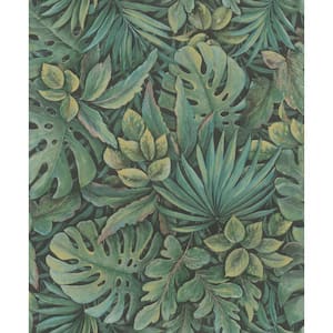 Jungle Leaves Green Matte Finish Vinyl on Non-Woven Non-Pasted Wallpaper Sample