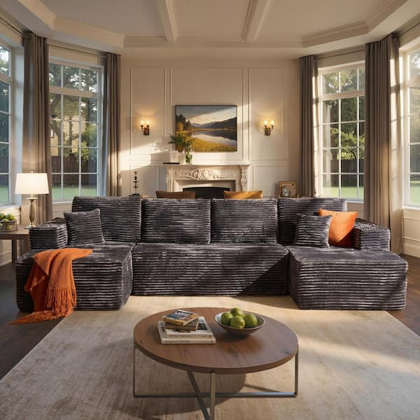 Minty 131 in. Wide Arm 3-Piece Modern Plush Corduroy U-Shape Modular Sectional Sofa in Gray with Chaise
