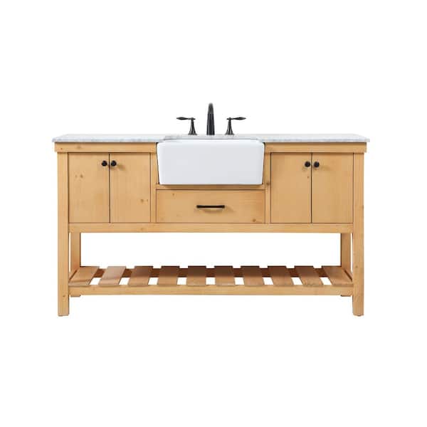 Unbranded Simply Living 60 in. W x 22 in. D x 34.125 in. H Bath Vanity in Natural Wood with Carrara White Marble Top