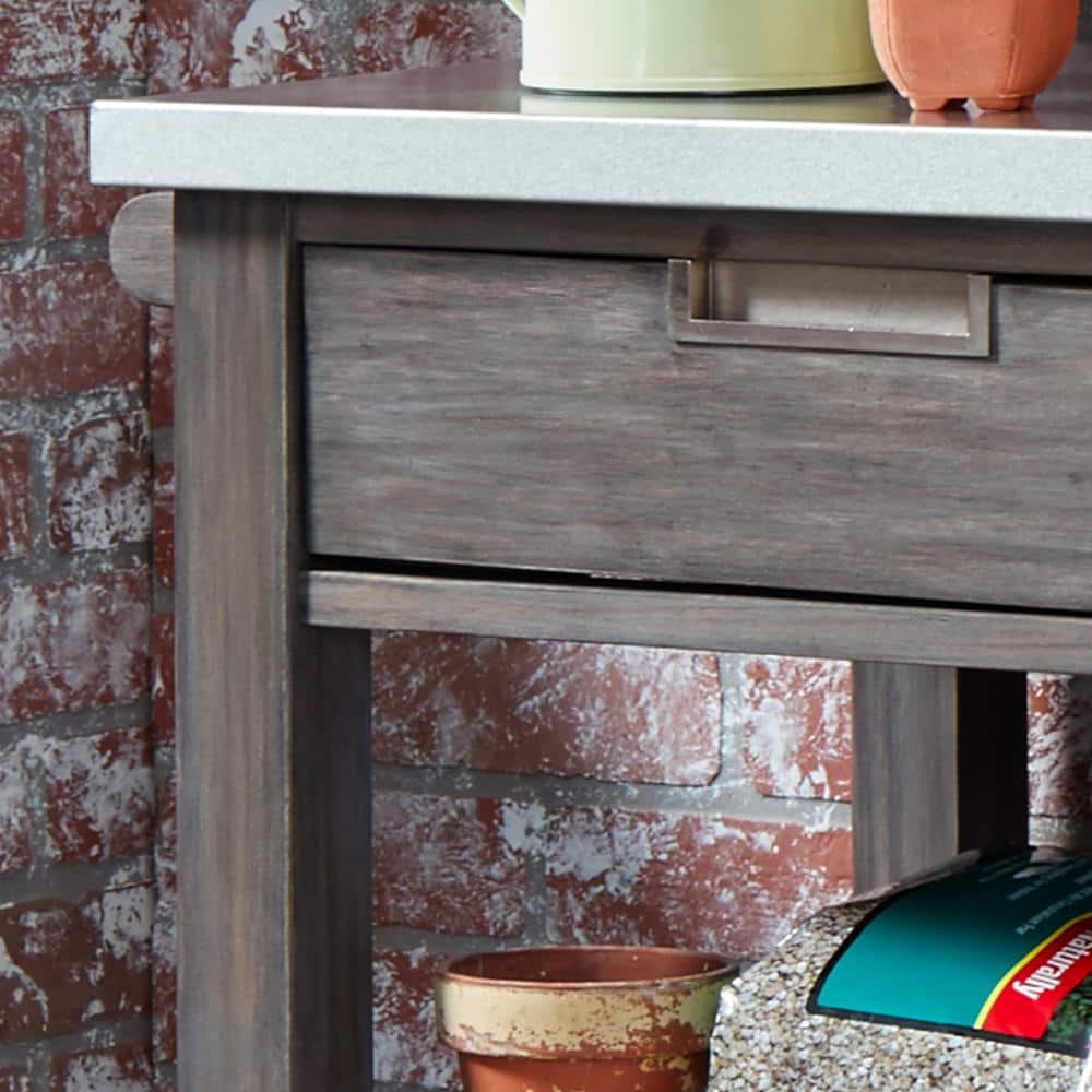 Gray Acacia Wood Potting Bench with Galvanized Steel Top