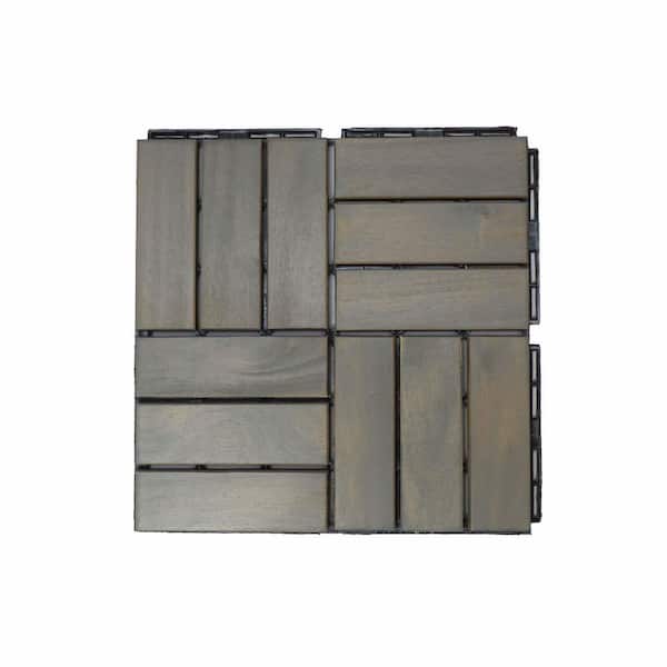 Unbranded 12 in. Light Gray Square Acacia Wood Interlocking Flooring Tiles Striped Pattern (Pack of 10 Tiles)