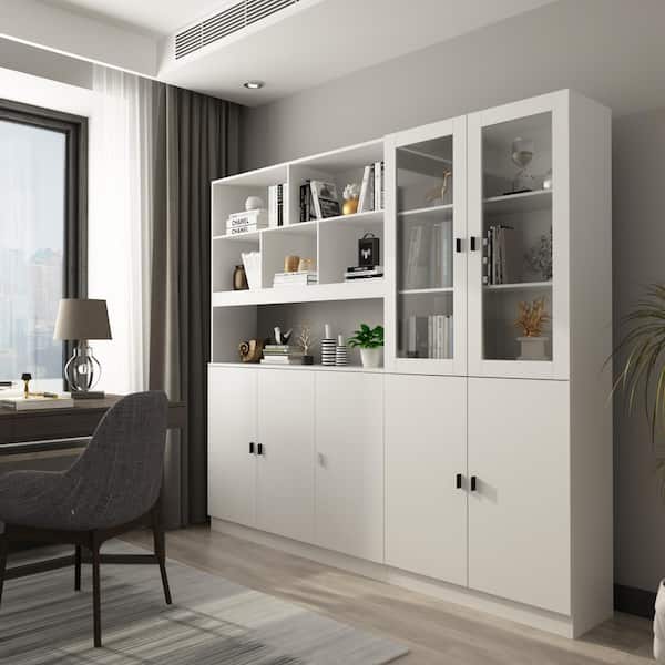 WIAWG 78.7 in. W x 12.2 in. D x 70.9 in. H 14-Shelf Wood Standard Bookcase Bookshelf With Glass Doors, Adjustable Shelves