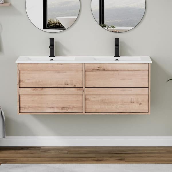 48 in. W x 18.1 in. D x 18.1 in. H Double Sinks Floating Oak Bath Vanity with White Integrated Composite Resin Top
