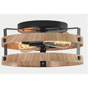 Lucine 12 in. 3-Light Matte Black Round Flush Mount Light with Wood Shade and E26 Socket