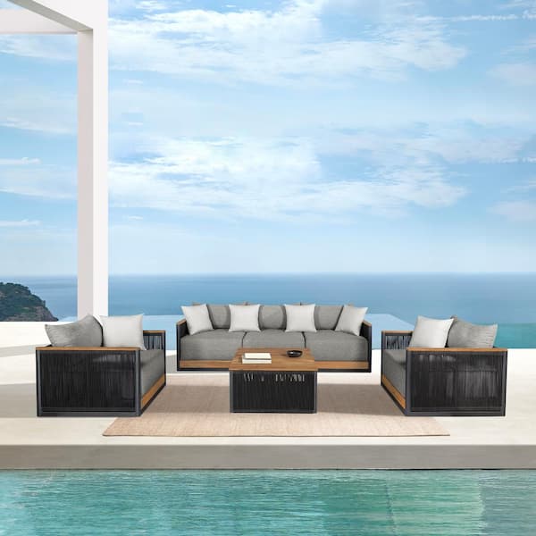 Armen Living Artesia Black 4-Piece Teak Wood Patio Conversation Set with Dark Gray Cushions