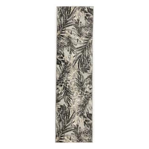 Gray 2 ft. x 7 ft. Floral Leaves Indoor/Outdoor Runner Rug