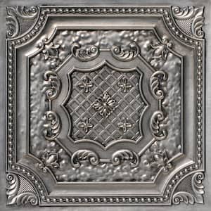 Elizabethan Shield Aged Silver 2 ft. x 2 ft. Decorative PVC Glue Up Faux Tin Ceiling Tile (40 sq. ft./case)