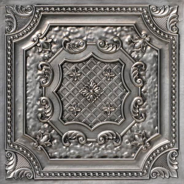 Elizabethan Shield Aged Silver 2 ft. x 2 ft. Decorative PVC Glue Up Faux Tin Ceiling Tile (40 sq. ft./case)