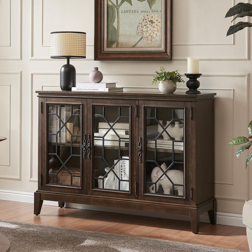 Farmhouse Dark Walnut Dining Room Cabinet 3 Glass Door Wood Buffet with Adjustable Shelves Kitchen Sideboard