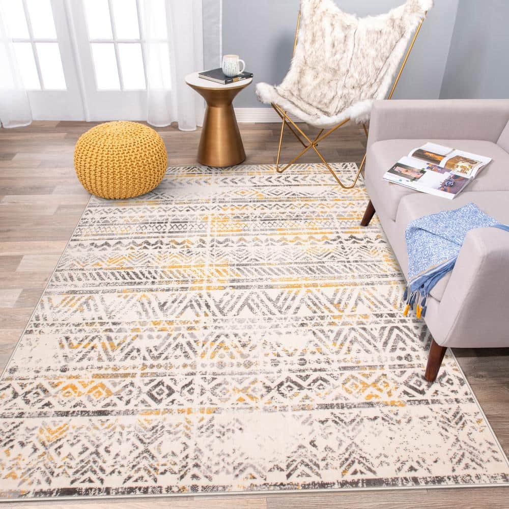 Cheerful Yellow Geometric 5' x 7' Easy-Care Synthetic Area Rug