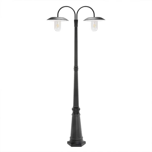 LUTEC 2-Light Black Cast Aluminum Solar Powered Outdoor Weather Resistant Post Light Set with LED Bulbs Included