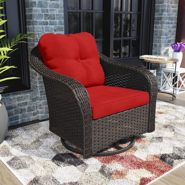 Wicker Patio Swivel Rocking Chair with Red Cushion