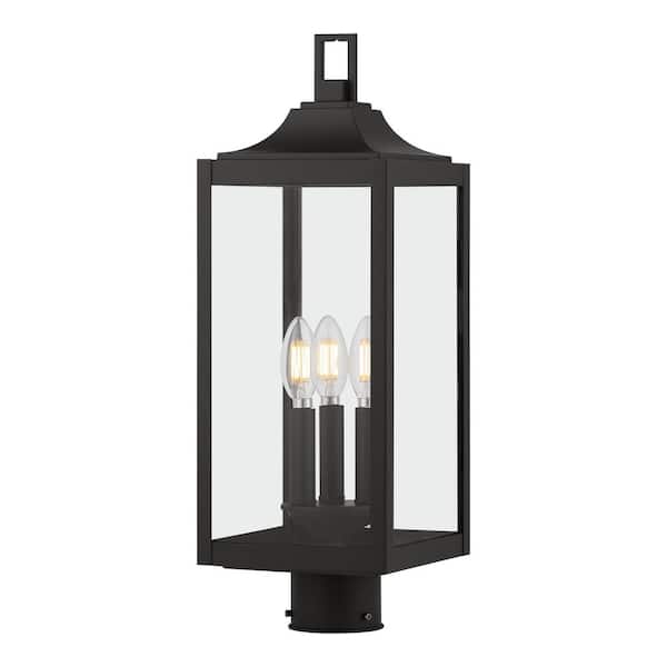 Home Decorators Collection Havenridge 3-Light Matte Black Outdoor Post with Clear Glass (1-Pack)