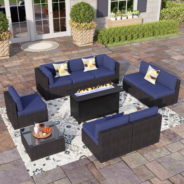 PHI VILLA Dark Brown Rattan Wicker 8 Seat 10-Piece Steel Outdoor Fire ...