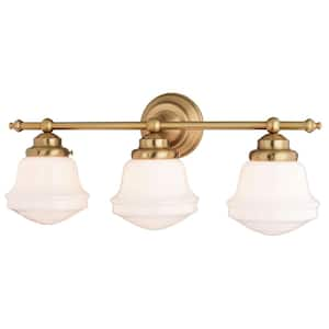 Huntley 24 in. W 3 Light Vanity Light Gold Brass Farmhouse Bathroom Wall Fixture White Schoolhouse Glass