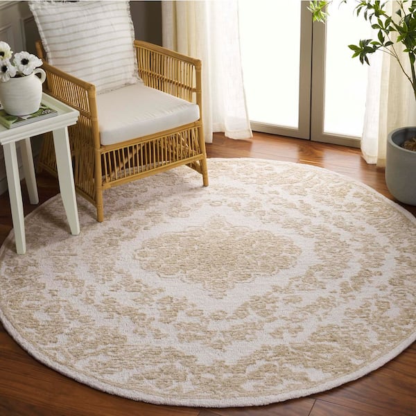 Ebony 6 ft. x 6 ft. Ivory/Light Green Floral Ornate Border Round Area Rug