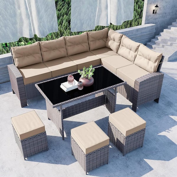 Halmuz 7-Piece Wicker Outdoor Dining Table Set with Ottomans and Cushions Sand