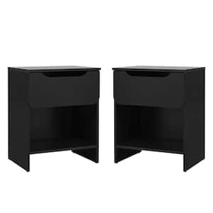 1-Drawer Black Modern Nightstand with Cubby, Set of 2