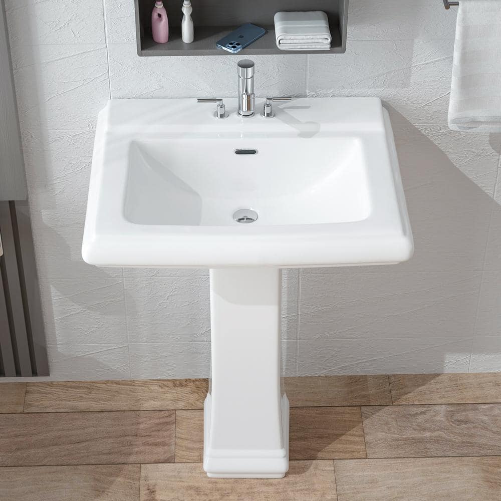 White Rectangular Ceramic Pedestal Sink with Overflow
