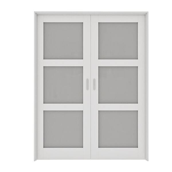 ARK DESIGN 60 in. x 96 in. Universal Handed 3-Lite Frosted Glass White Solid Core MDF Double French Door with Quick Assemble Jamb