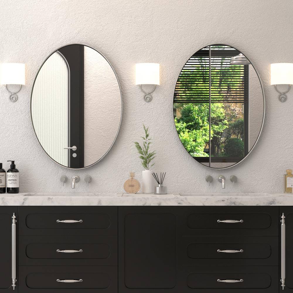 Modern Polished Silver Oval Vanity Mirror with Stainless Steel Frame