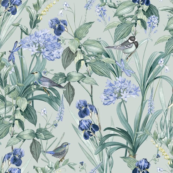 Mint Birds and Dragonflies Botanical Teal Ground Wallpaper Sample