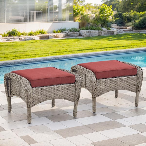 SleekArm Gray Wicker Outdoor Ottoman with Red Cushions for Patio Furniture PE Resin Footrest (Set of 2)