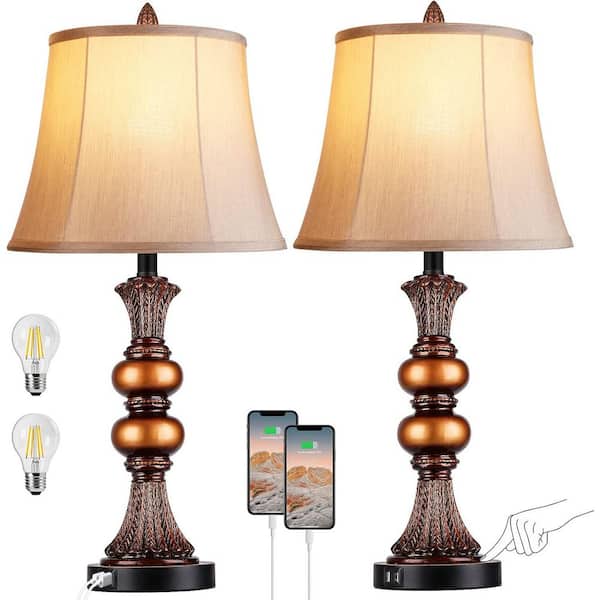 Ltemziiy 27 in. Bronze Finish Touch Control Table Lamps Set of 2 with USB Ports, 3-Way Dimmable Bedside Lamp for Bedroom
