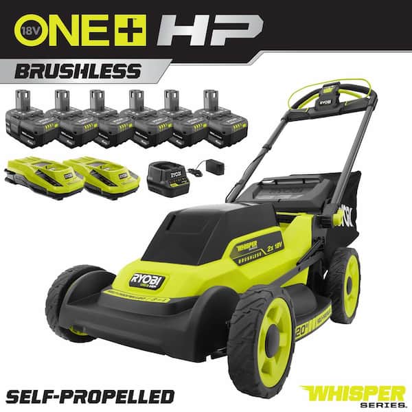 RYOBI ONE+18V HP Brushless Whisper Series 20" Self-Propelled Dual Blade Walk Behind Lawn Mower-(6) 4.0 Batteries & 3 Chargers