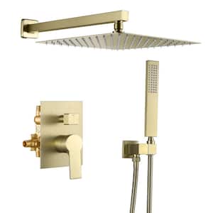 Single Handle 2-Spray Wall Mount 12 in. Square Shower Head with Hand Shower Faucet in Brushed Gold (Valve Included)