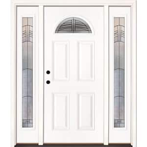 67.5 in. x 81.625 in. Rochester Patina Fan Lite Unfinished Smooth Right-Hand Fiberglass Prehung Front Door w/Sidelites