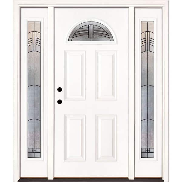 Feather River Doors 67.5 in. x 81.625 in. Rochester Patina Fan Lite Unfinished Smooth Right-Hand Fiberglass Prehung Front Door w/Sidelites