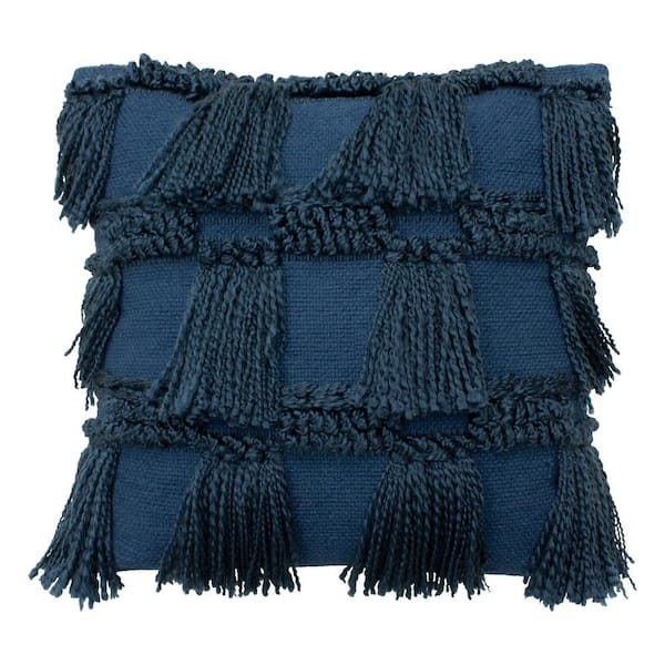 French Connection Brooklyn Contemporary Navy 20 in. x 20 in. Tassled Decorative Throw Pillow