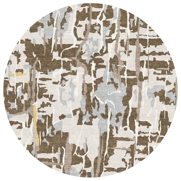 Chantille Machine Washable Indoor/Outdoor Abstract ACN2972 Chocolate 8 ft. x 8 ft. Round Rug