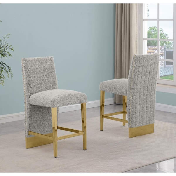 Best Quality Furniture Miles 26 in. Rich Grey Color High Back Metal Frame Gold Iron Legs Counter Stool with Boucle Fabric Side Chair (Set of 2)