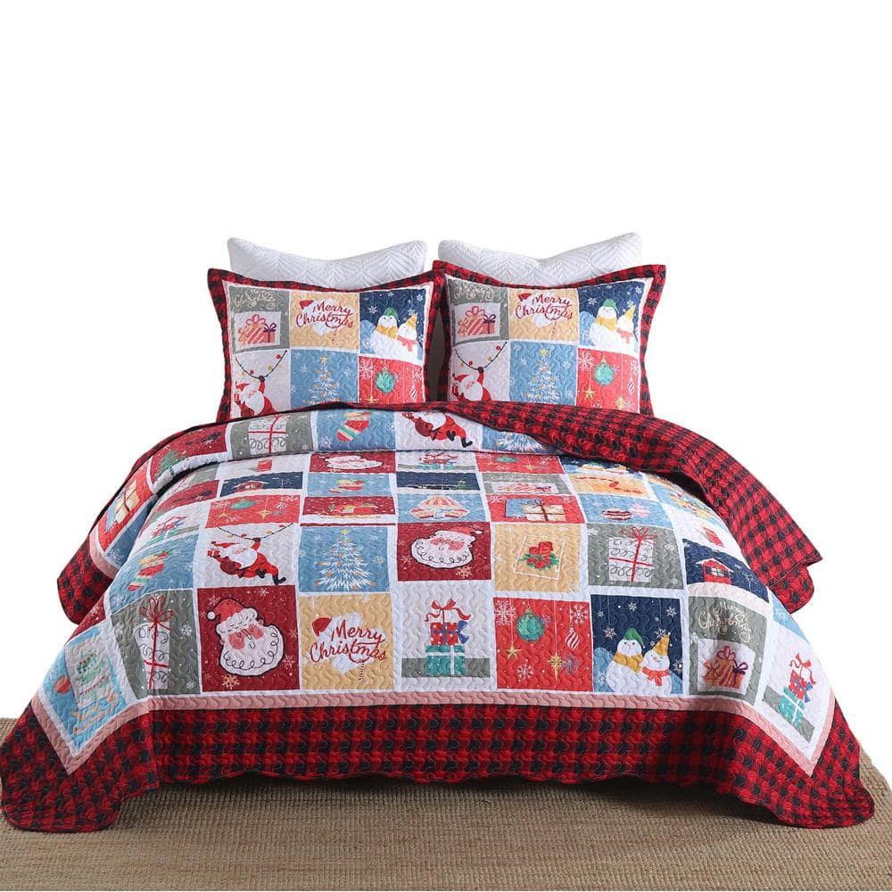 King Size Christmas Red Reversible Polyester Quilt Set
