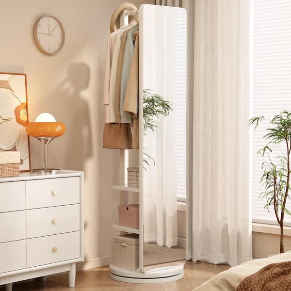 Unbranded White 18 in. W x 66 in. H Rectangle 360° Rotating Rubber Wood Full Length Mirror