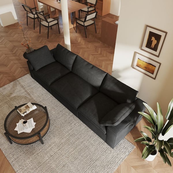 Minimalist 118 in. Square Arm Down Filled Linen 3-Piece Cloud Modular Sectional Sofa Couch in Black with Removable Cover