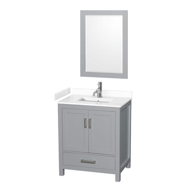 Wyndham Collection Sheffield 30 in. W x 22 in. D x 35.25 in. H Single Bath Vanity in Gray with White Cultured Marble Top and 24" Mirror